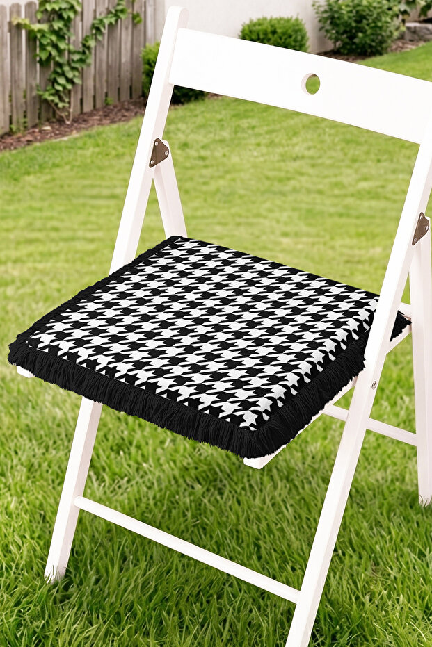 Goose Feet Patterned Fringed Zippered Chair Cushion - Modern Black and White Tufted Patchwork Style Cushion