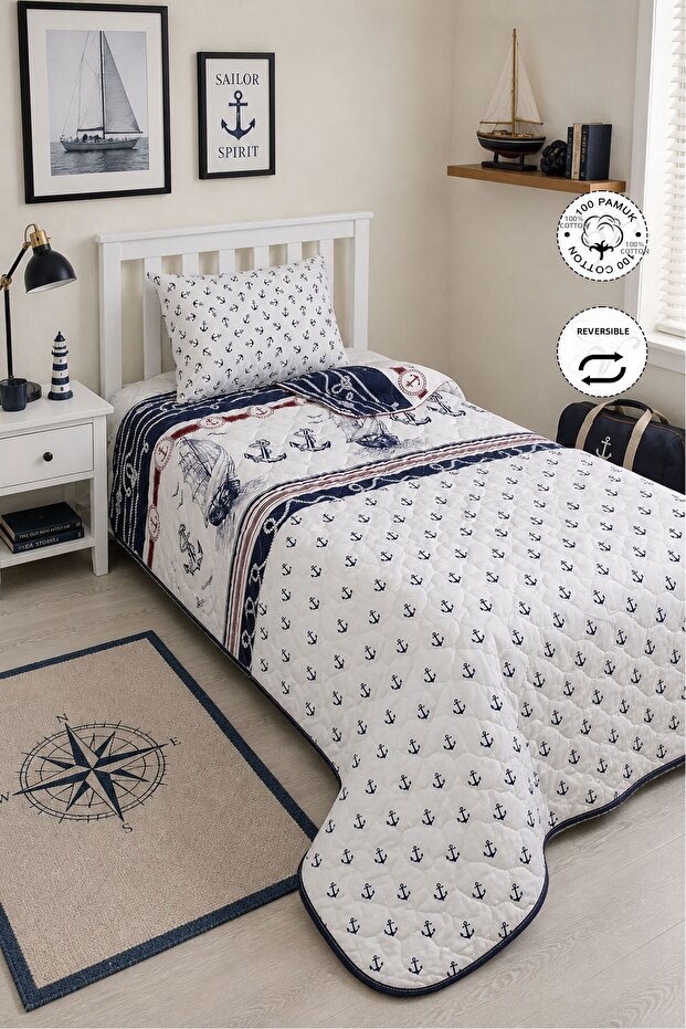 100% Cotton Quilted Bedspread Single Size | Gemici Patterned 160X220 cm + 1 Pillowcase