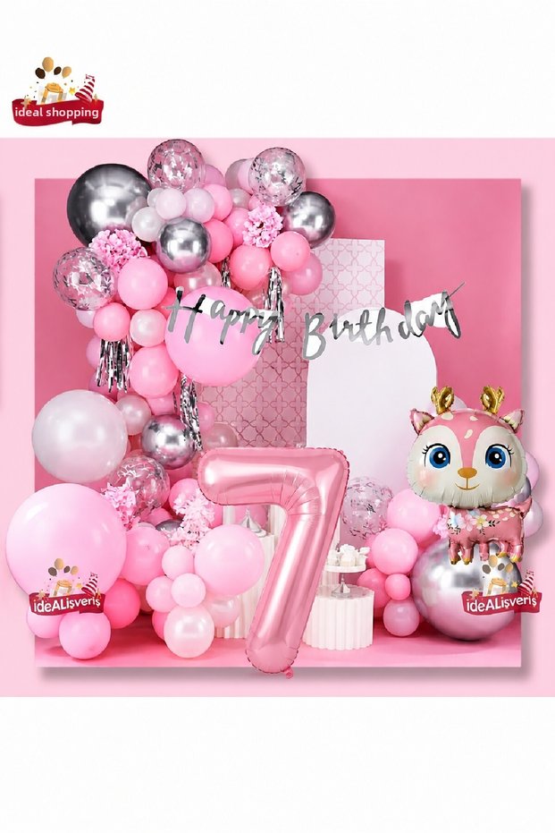 Pink Deer Birthday Decoration Set for Girls 1-9 Years Old Pink Balloon Chain Happy Birthday Banner Party Concept Set