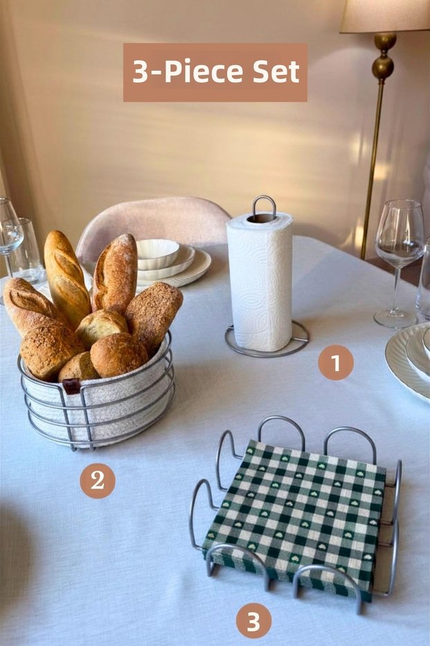 Set of 3 Matte Silver Square Napkin Holder Upright Paper Towel Holder Round Bread Basket Kitchen Set