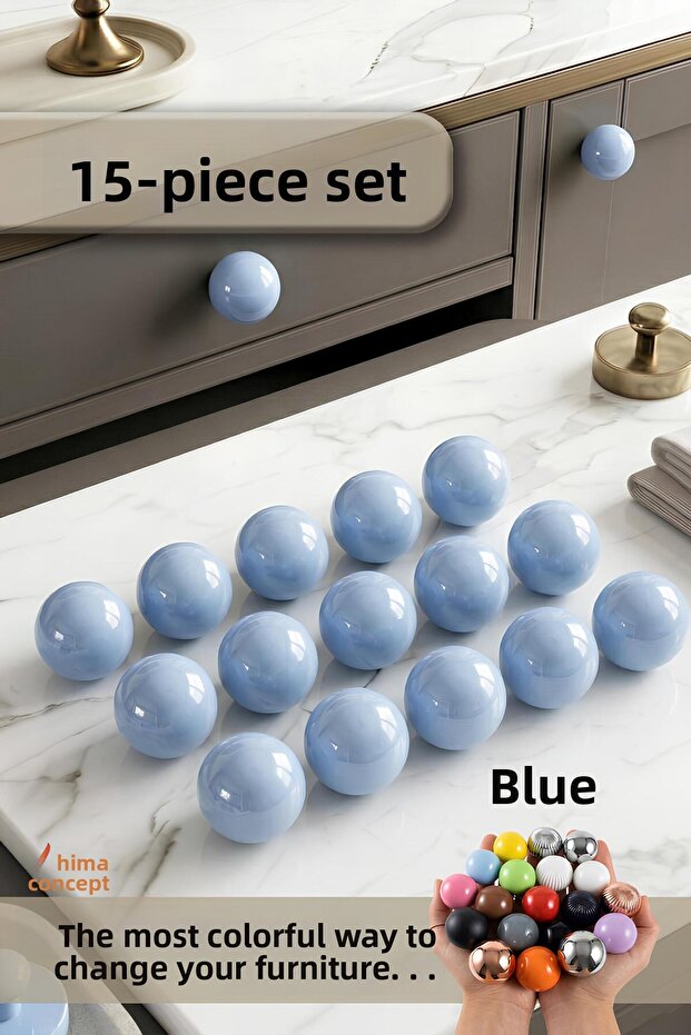 15 Pcs Hard Plastic Knob Round Ball Blue Cabinet Furniture Kitchen Cupboard Drawer Handle Knob Handles