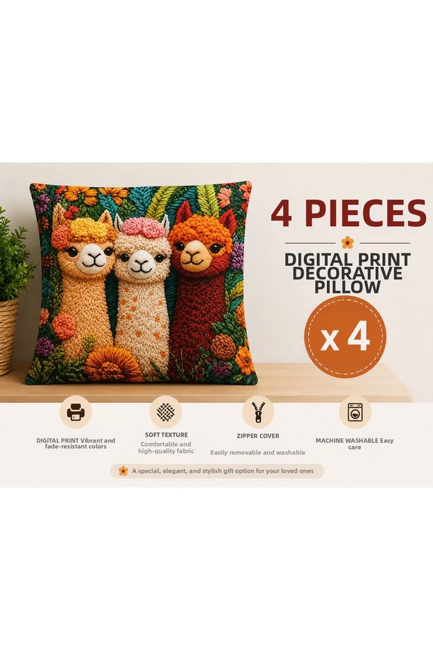 Decorative Throw Pillow Cover 4 Pieces Digital Printing Zippered Soft Textured