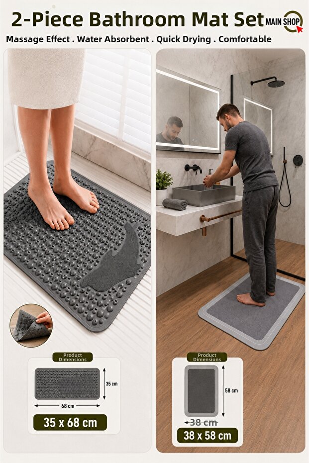 2-Piece Bathroom Mat Set - Massage-Enhancing, Non-Slip Base with Suction Cups, Quick-Drying Water-Absorbing Mat