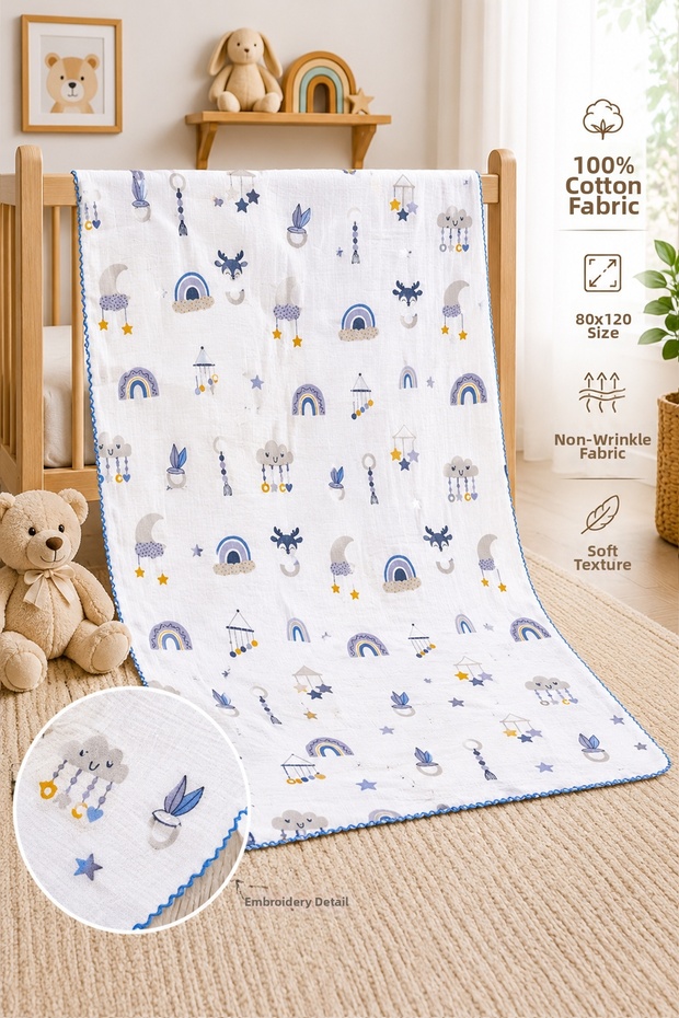 Baby Boy Single Layer Muslin Swaddle Blanket with Pompom Summer Stroller Cover Baby Gift Stl7198