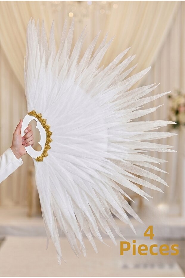 White Fringed Dance Fan, 4 Pieces Large Size 120X80Cm, Henna Night, Bride, Organization, Show