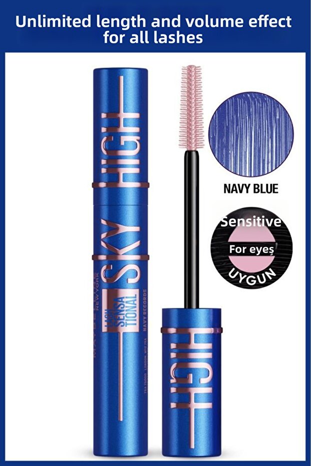 Sky High Navy Blue Mascara - Limitless Length and Volume Effect on Eyelashes