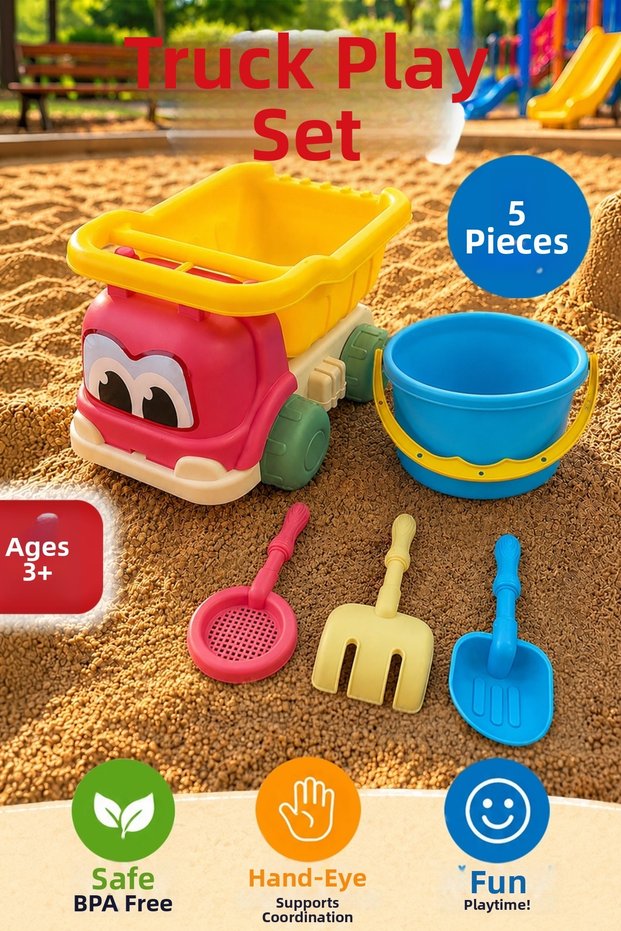 5-Piece Sand Play Set - Truck, Rake, Sieve and Shovel Beach Park Toy