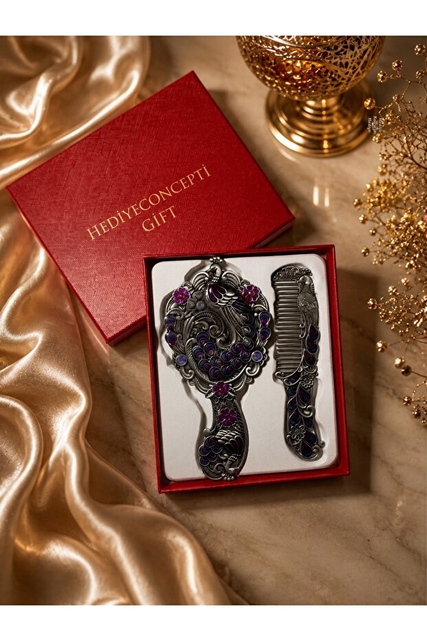 Luxury Gift Boxed Ottoman Palace Collection Antique Copper Stone Embroidered Hand Mirror and Comb Set