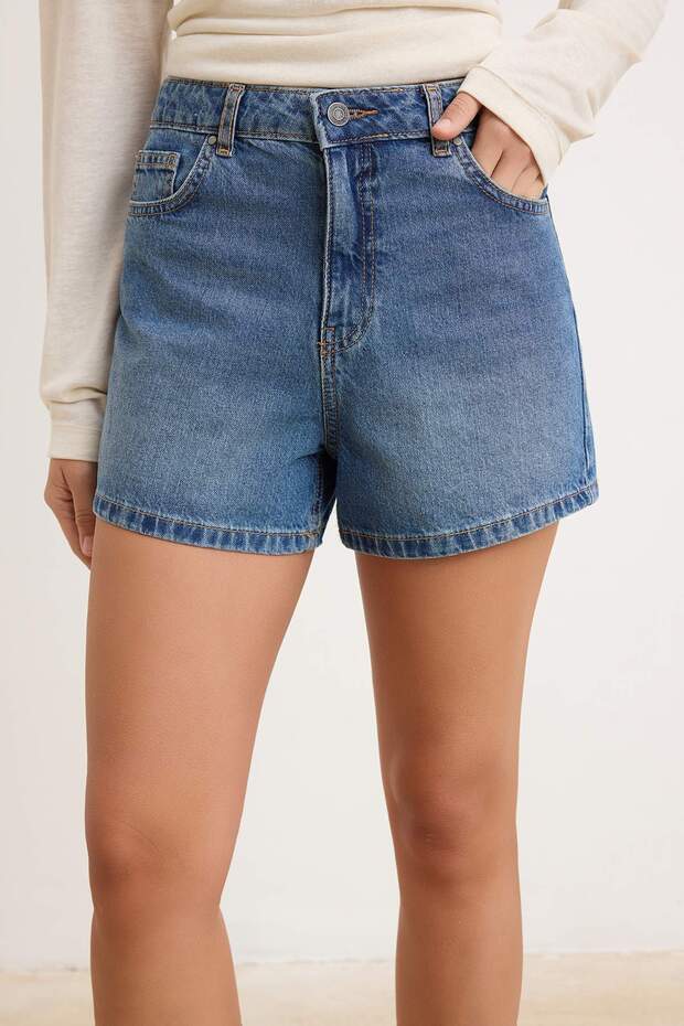 Koyu Mavi Yüksek Bel %100 Pamuk Denim City Şort TWOSS26SR00050 - 3