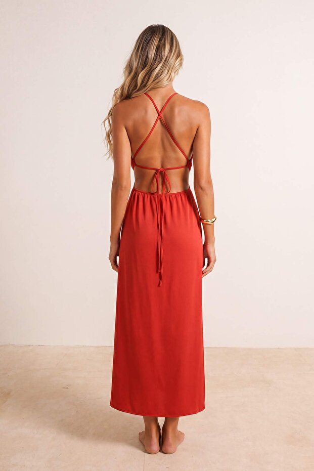 Kırmızı Dokuma Cut Out Detaylı Maxi Plaj Elbise TBESS25EL00137 - 3