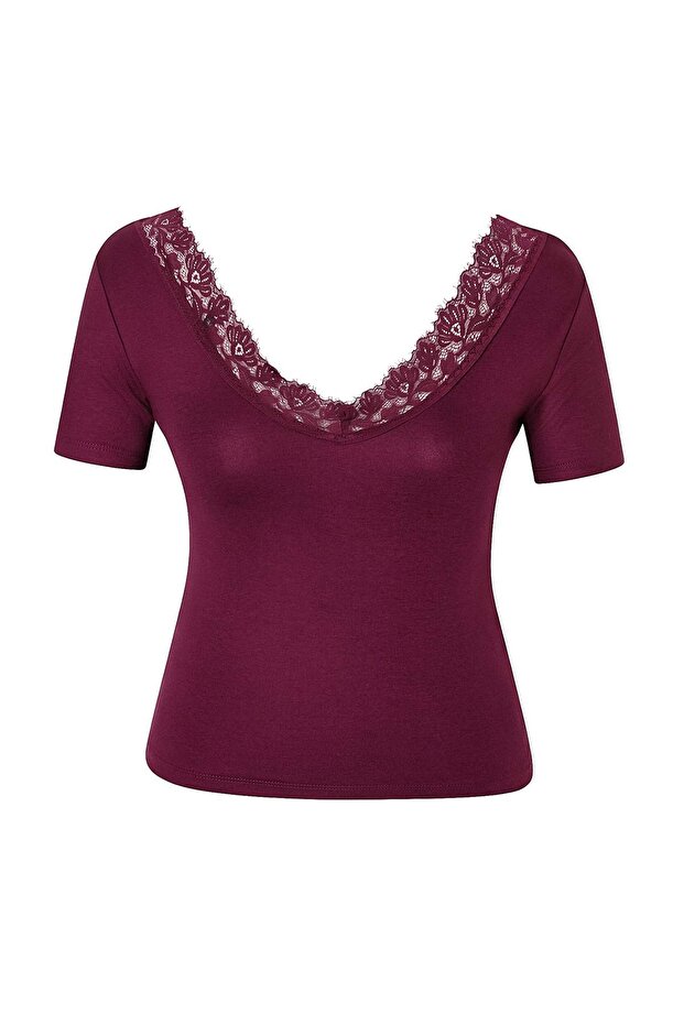 Mürdüm Kısa Kollu Yakası Dantel Detaylı Örme Büyük Beden Bluz TBBSS26AF00189 - 4