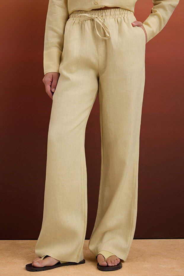 Bej %100 Keten Beli Lastikli Yüksek Bel Wide Leg Pantolon TWOSS26PL00041 - 3