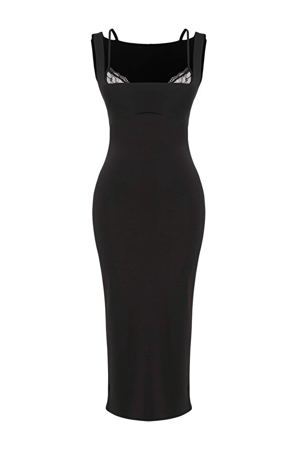 Siyah Bodycon Kare Yaka Kolsuz Dantel Detaylı Maxi İnterlok Örme Elbise TWOSS26EL00870 - 5