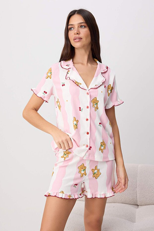Trendyolmilla  Pembe Çizgi ve Ayıcık Desenli Fırfırlı Bürümcük Örme Pijama Takımı THMSS26PT00226 - Görsel 2