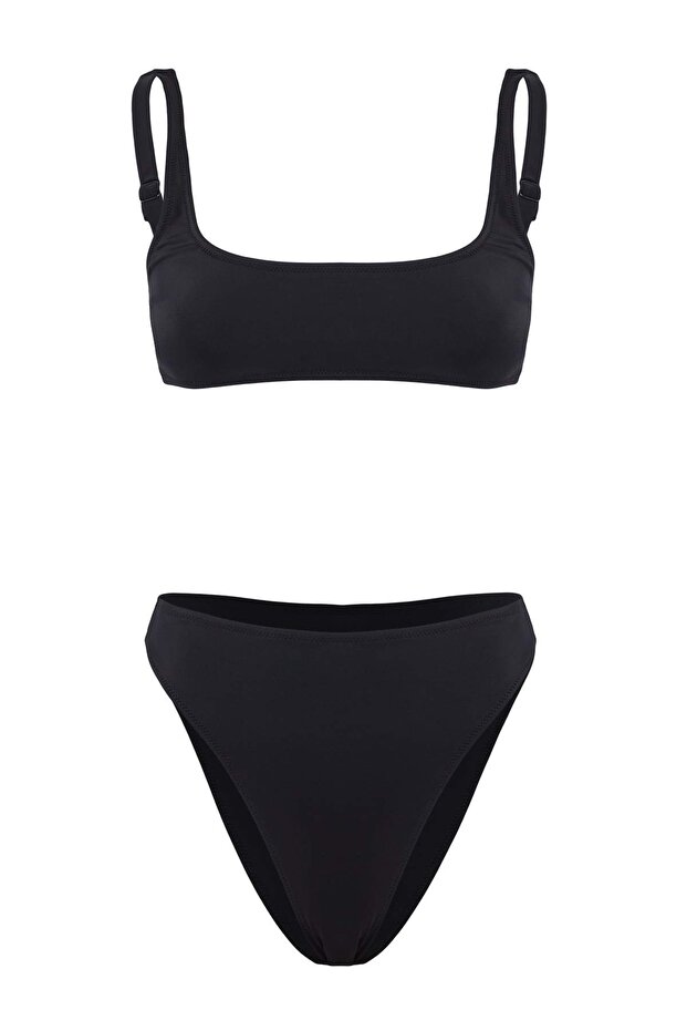 Siyah Kare Yaka Kaplı Normal Bel High Leg Brazilian Bikini Takımı TBESS26BT00151 - 4