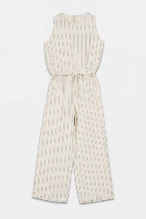 Yeşil Çizgili Eteği Ayarlı Crop Üst Cepli Beli Lastikli Pantolonlu Muslin Takım TDRSS26AU00053
