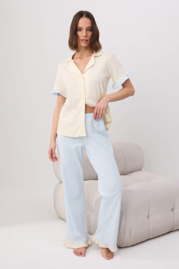 Ekru-Mavi %100 Pamuklu Fırfır Detaylı Örme Pijama Takımı THMSS24PT00223 - 2