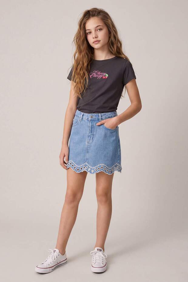 Antrasit %100 Pamuk Bisiklet Yaka Kız Çocuk Örme T-Shirt TKDSS26TS00071 - 3