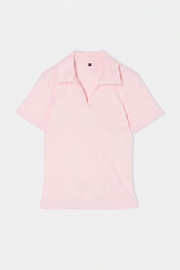 Açık Pembe Polo Yaka Vücuda Oturan Fitilli Örme Bluz TBBSS22BZ0750 - 4