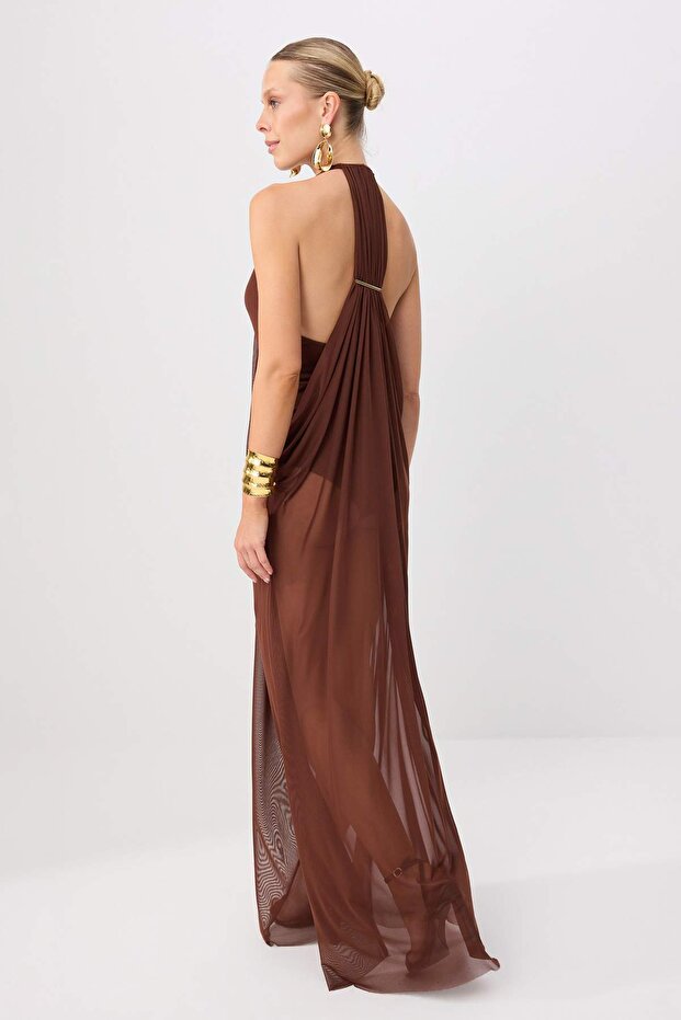 Kahverengi Body Detaylı Tül Tek Parça Maxi Abiye Party ElbiseTPRSS26AE00149 - 4