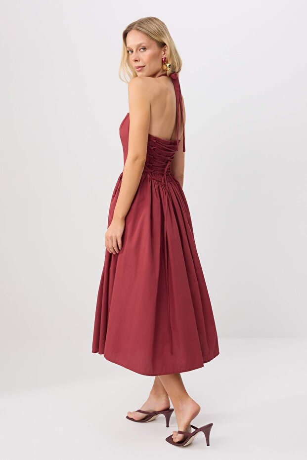 Bordo Boyundan Bağlı Poplin Maxi Dokuma Elbise TWOSS25EL00881 - 3