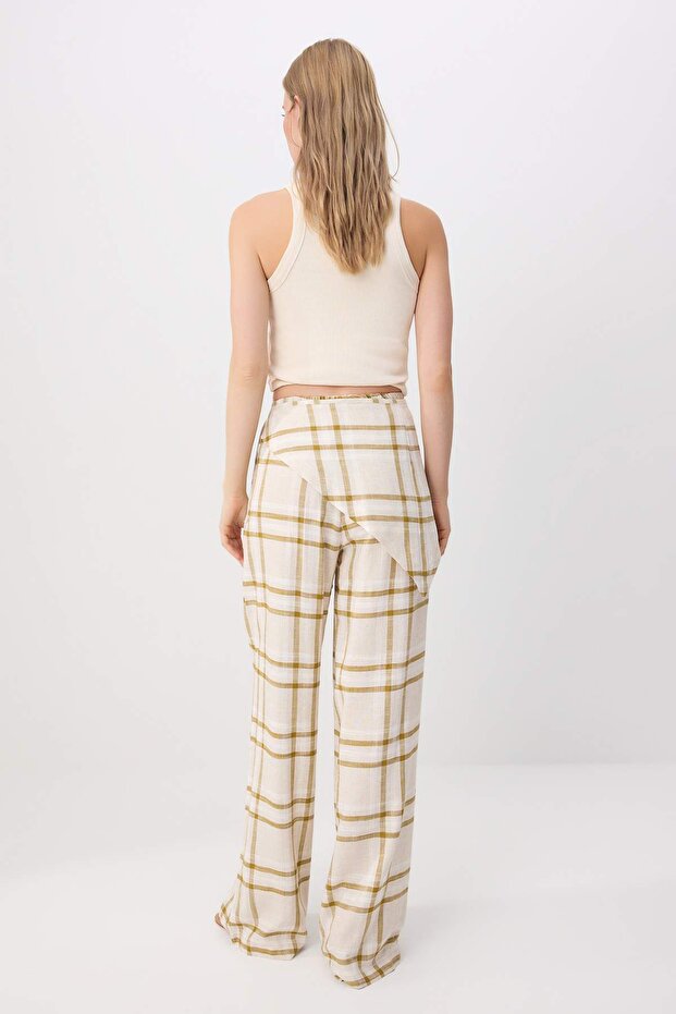 Bej Keten Karışımlı Ekoseli Beli Şallı Pantolon TWOSS26PL00241 - 4