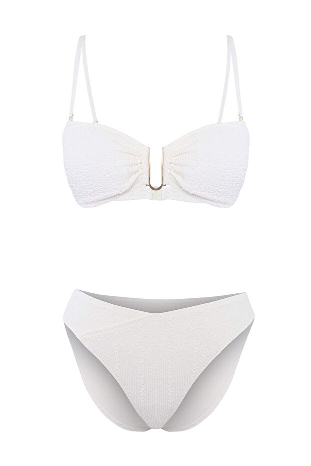 Ekru Straplez Kaplı Dokulu Aksesuar Detaylı Düşük Bel Brazilian Bikini Takımı TBESS26BT00136 - 5