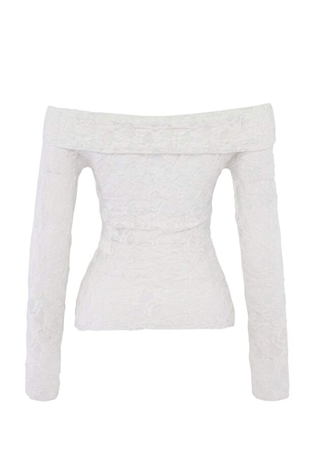 Ekru Fitted/Vücuda Oturan Carmen Yaka Dantel Esnek Örme Bluz TWOAW27BZ00020 - 3