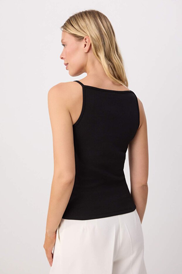 Siyah Fitted/Vücuda Oturan Kayık Yaka Kolsuz Fitilli Esnek Örme Atlet TWOSS26AL00084 - 4