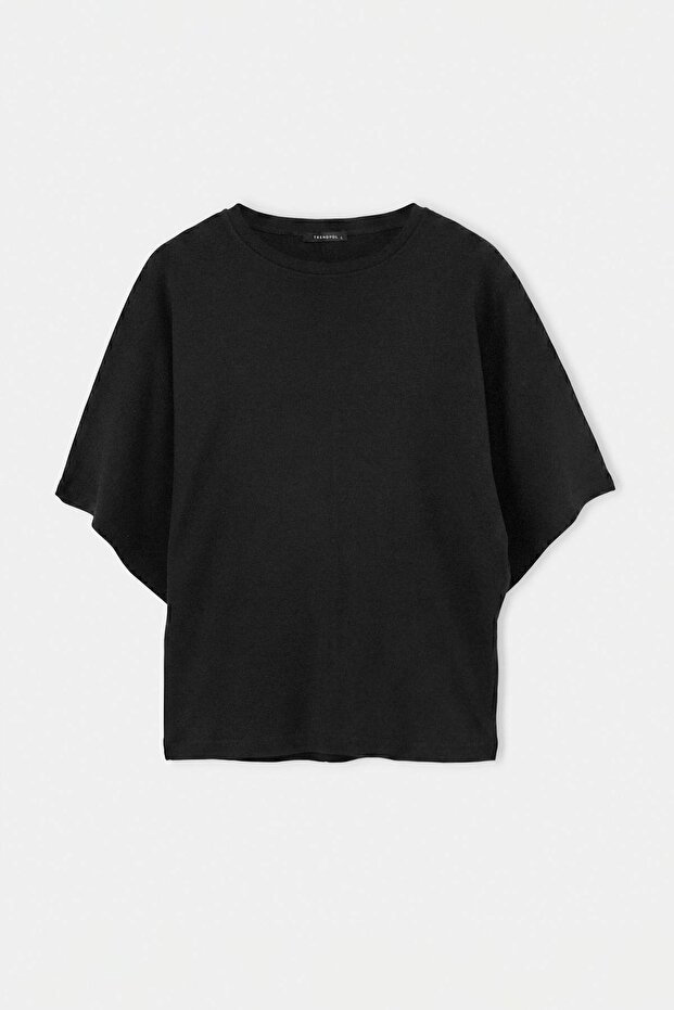 Siyah Oversize/Geniş Kalıp Düşük Kol Kısa Kollu Soft Touch Örme T-shirt TWOSS26TS00221 - 5