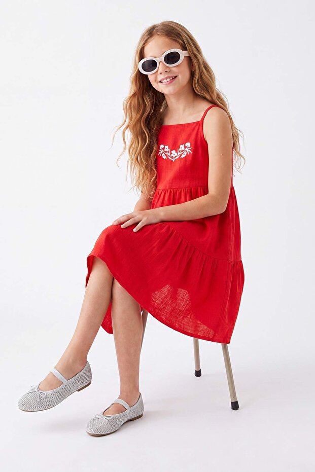 Kırmızı Kısa / Mini Çiçekli Dokuma Elbise TKDSS25EL00011