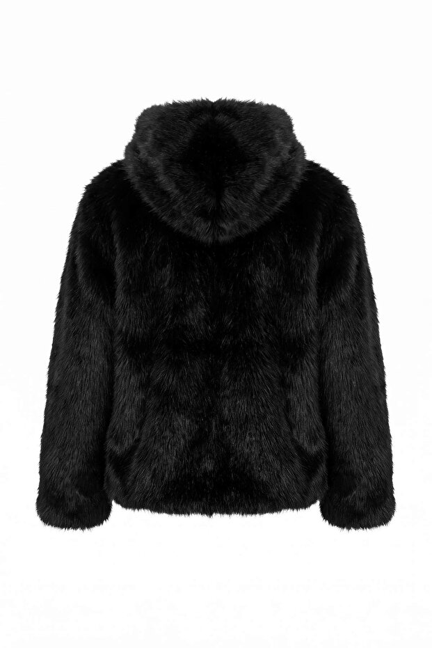 Siyah Oversize Kalıp Kapüşonlu Kürk Büyük Beden Mont TWOAW26AW00000 - 10