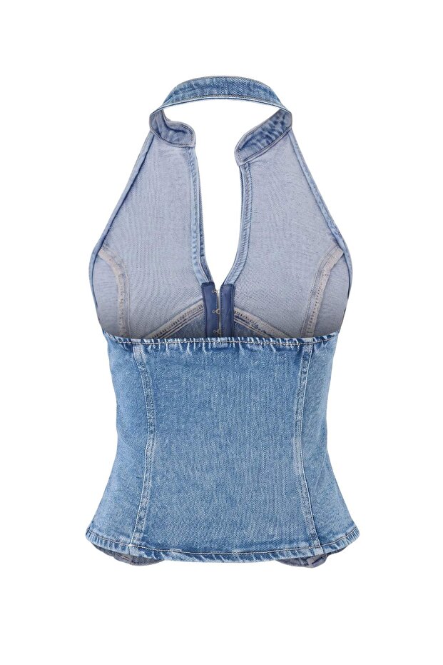 Mavi Az Esnek Qipao Halter Yaka Denim Bluz TWOAW27BZ00130 - 8