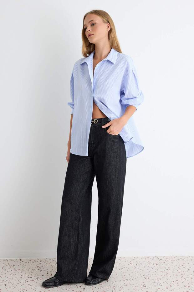 Mavi Çizgili Oversize/Geniş Kalıp Dokuma Gömlek TWOSS23GO00144 - 2