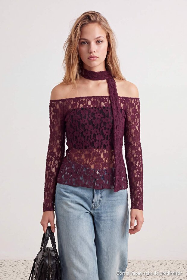 Mürdüm Düz Fitted/Vücuda Oturan Carmen Yaka Transparan Şallı Dantel Örme Bluz TWOAW27BZ00007