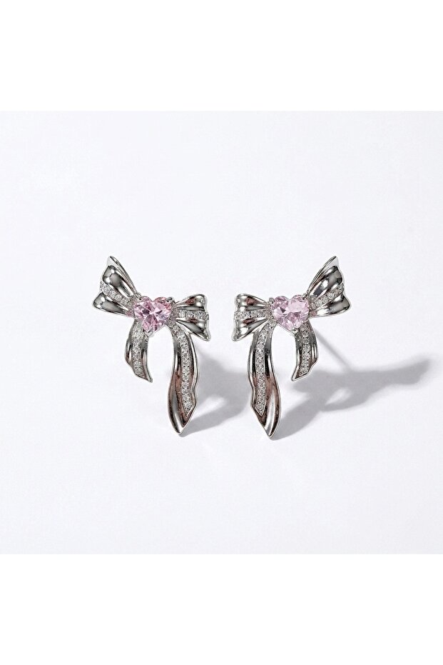 Silver Mini Pink Embellished Bow Earrings