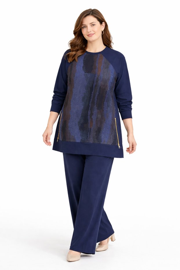 Women's Middle Age and Above Plus Size Kupra Tunic Trousers Mom Set 25548