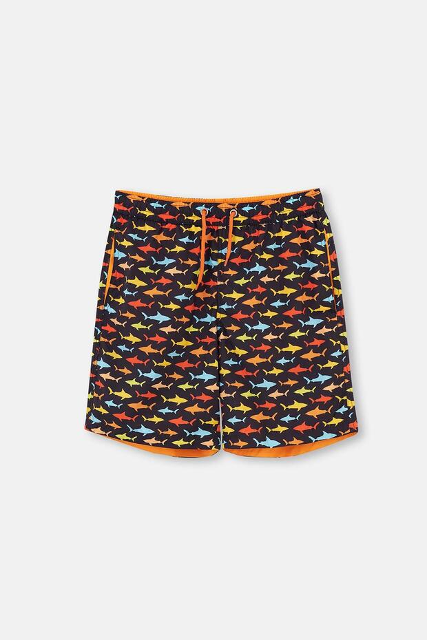 Navy Blue Micro Medium Fish Patterned Shorts