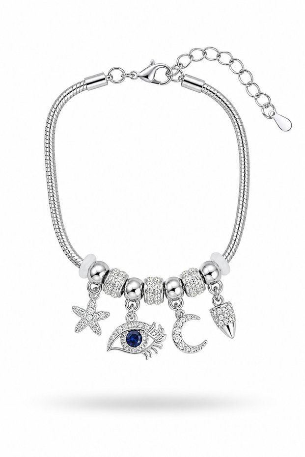 Brass Silver Color Women's Bracelet with Eye Detail and Charm