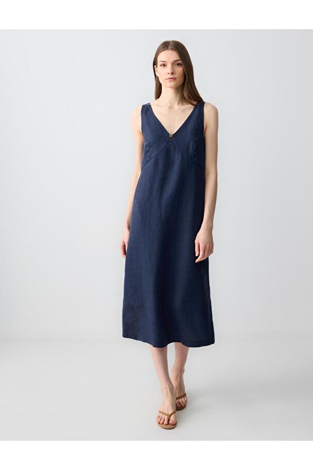 Navy Blue 100% Linen Relaxed Cut V-Neck Sleeveless Midi Dress