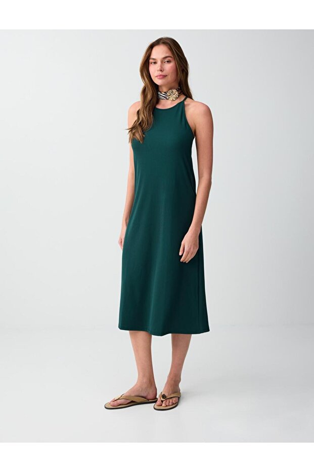 Dark Green Crew Neck Sleeveless Loose Fit Basic Knitted Dress