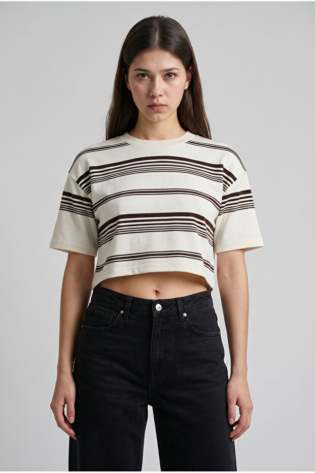 Ecru Standard Fit Regular Cut Crew Neck Short Sleeve Striped Women's T-Shirt Blouse