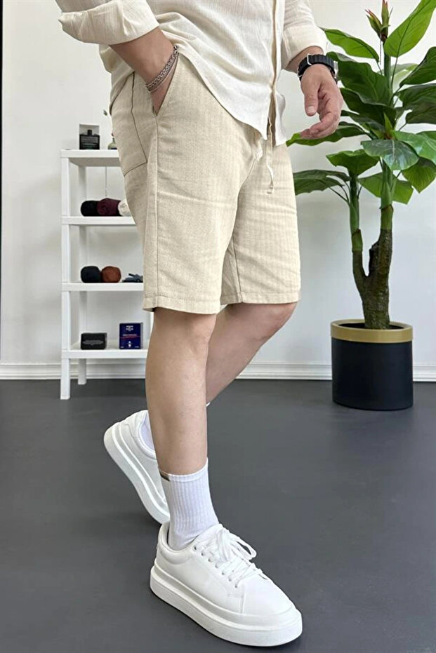 Men's Elastic Waist Linen Fabric Shorts Cream Edw370