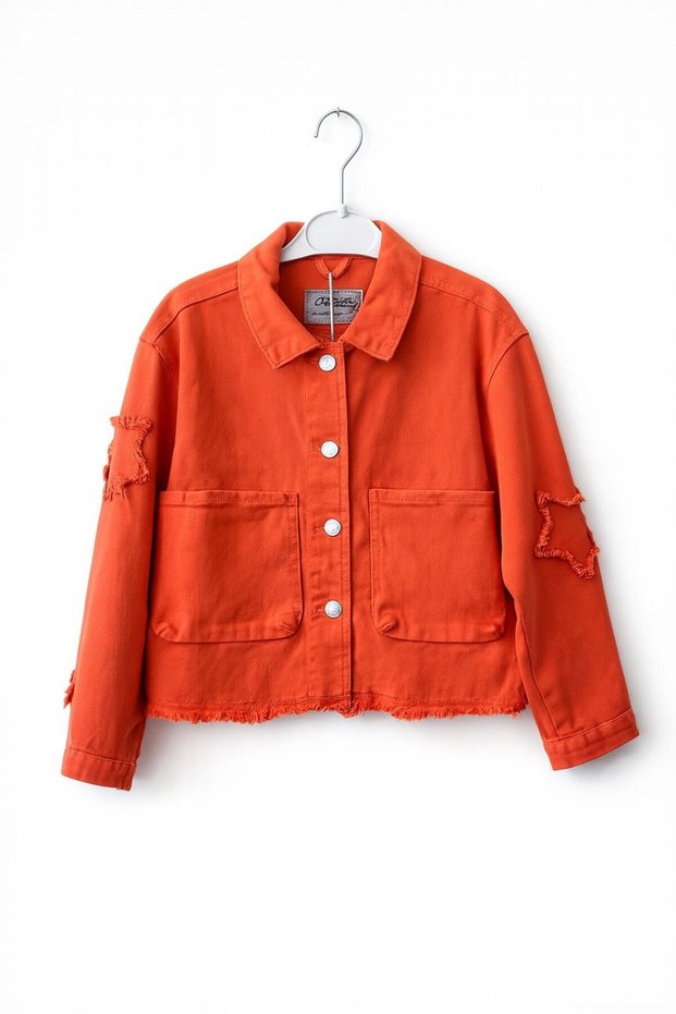 Escabel girl's jacket with star embroidery and pocket detail, ages 9-14, orange