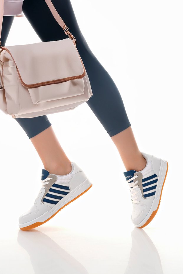 Women's White Navy Blue Thermo Sole Striped Lace-Up Sports Shoes