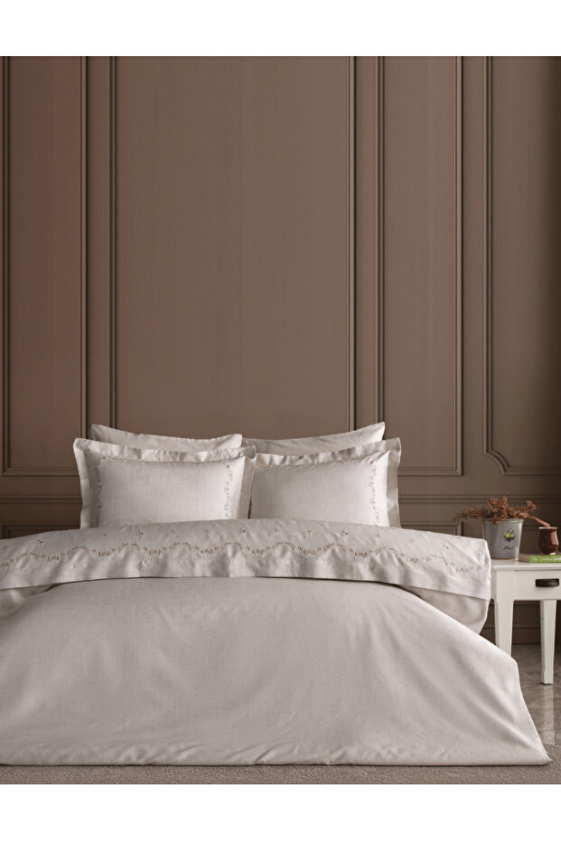 Minoa Embroidered Cotton Satin Duvet Cover Set - Beige