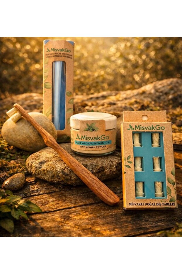 Toothwak Natural Miswak Brush, Mint Flavored Miswak Powder and 6 Refill Heads
