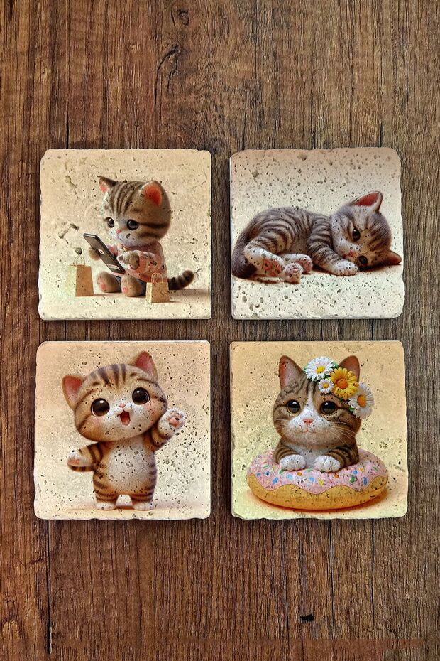 Natural Stone Coasters Set of 4 10X10X1 cm Cute Cat Patterns -Stone Coasters