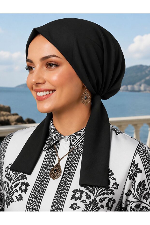 Scarf Bonnet Cotton Fabric Non-Slip Black Color