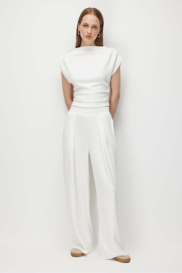 2093 Women's Draped Blouse Wide-Leg Pants Two-Piece Set White